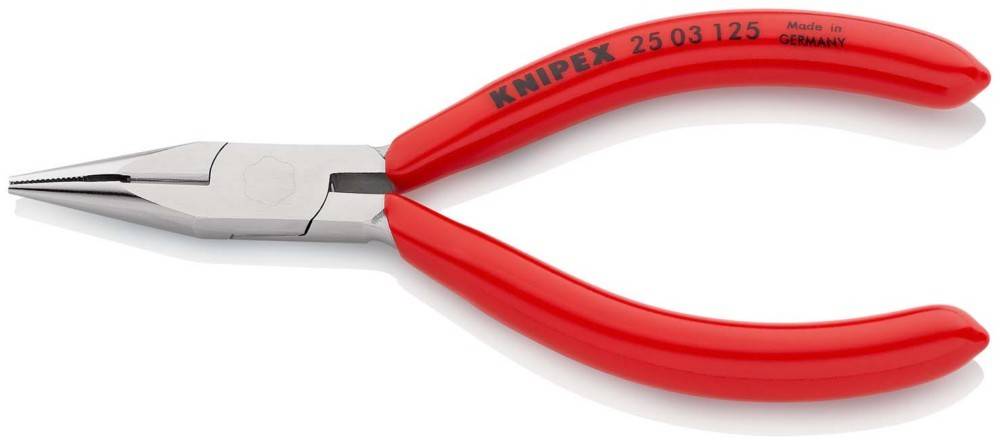 Rot-griffe Knipex-Spitzabschnitt mit spitzen Backen, dargestellt vor weißem Hintergrund.