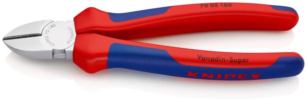 Rote und blaue Zangenhände mit teilweise sichtbarem 'KNIPEX'-Schriftzug. Für ergonomischen Griff konzipiert und in Deutschland hergestellt.