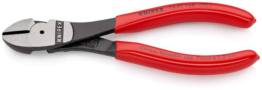 Nahaufnahme von Knipex-Schneidezangen mit roten Griffen, dargestellt auf weißem Hintergrund.