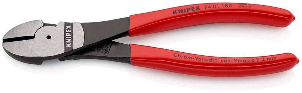 Rot-griffige KNIPEX Seitenschneider, in Profilansicht auf weißem Hintergrund dargestellt.