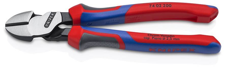 Rot-blauene Knipex-Seitenschneider mit isolierten Griffen, Seitenansicht auf weißem Hintergrund.