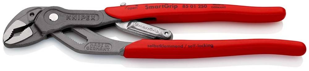 Rot-graue Knipex Cobra SmartGrip Zange mit verstellbaren Backen und selbstsperrenden Griffen, in Seitenansicht dargestellt.