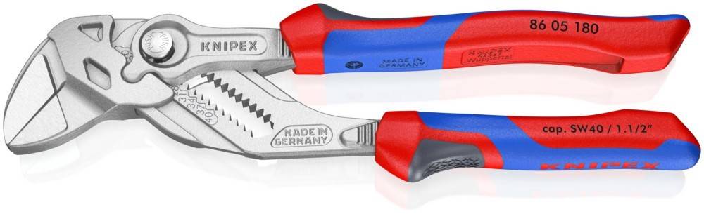 Ein Paar Knipex Zangenschlüssel mit roten und blauen Griffen, in Profilansicht auf weißem Hintergrund dargestellt.