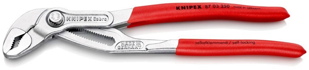 Rot-griff metalltool, Teil einer Zange, mit 'MADE IN GERMANY' eingraviert. Oberer Teil zeigt Teil des Wortes 'KNIFE'.