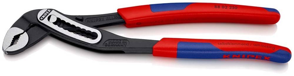 Rot-blaue KNIPEX-Zange mit verstellbaren Backen, geschlossen auf weißem Hintergrund gezeigt.