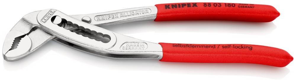 Metallzange mit roten Griffen, beschriftet mit 'Knipex Alligator' und 'Made in Germany'.