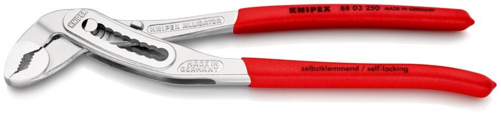 Rothendeliges Schneidwerkzeug mit der Prägung 'MADE IN GERMANY'; teilweise sichtbarer Markenname 'KNIPEX' am Griff.