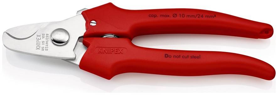 Rot-griffige Knipex-Seitenschneider vor weißem Hintergrund, geschlossen dargestellt mit Metallbacken und „Stahl nicht schneiden