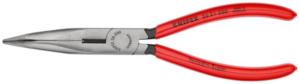 Rote Zange mit Markierungen 'KNIPEX 26 200' und 'GERMANY' auf dem Metall.