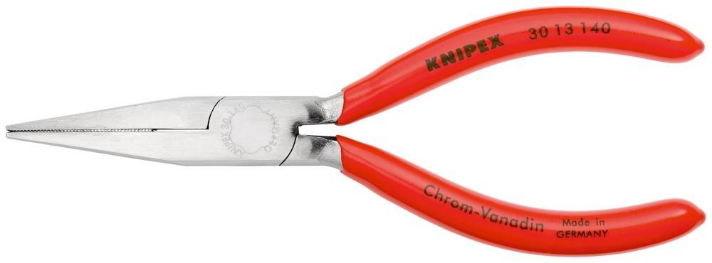 Rote Zange mit 'KNIPEX' und 'Chrom-Vanadium' Text, die einen Teil des Schneidbereichs und das Gelenk zeigt.