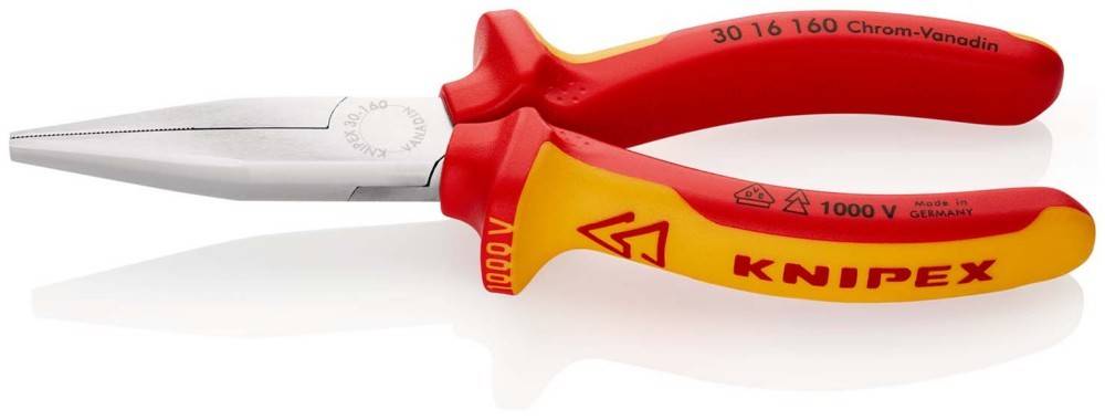 Knipex isolierte Kombizange mit rot und gelben 1000-V-Griffen auf weißem Hintergrund.