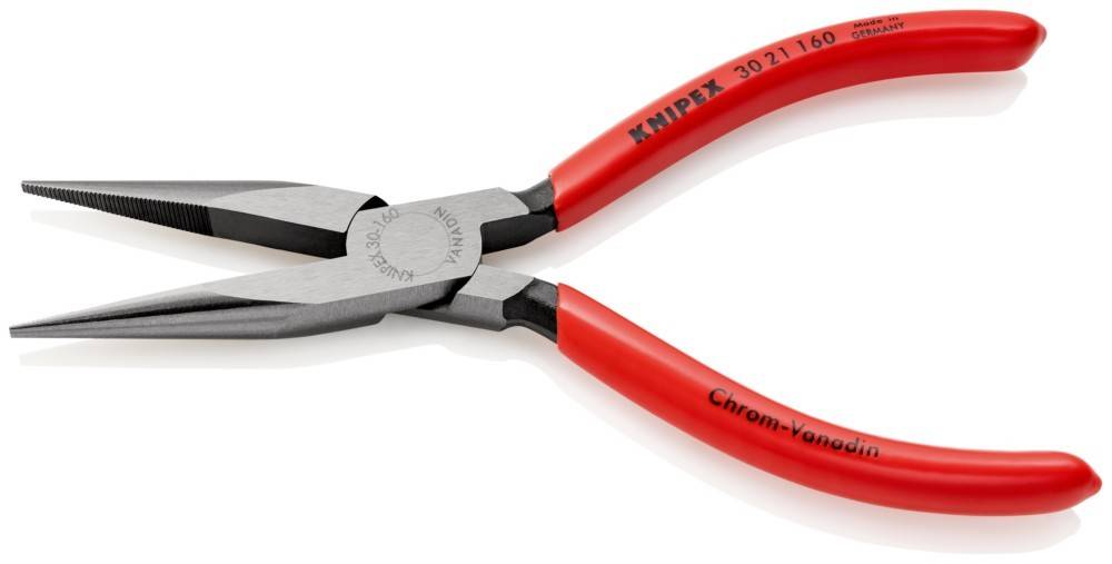 KNIPEX-Seitenschneider mit roten Griffen und schwarzem Drehpunkt. Mit '30 21 160' und 'Chrom-Vanadium' graviert, zeigt ein elegantes Design.