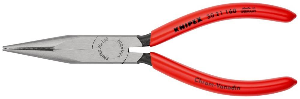 Eine Nahaufnahme eines Werkzeugs mit rotem Griff und Metallkopf, mit dem Schriftzug 'Knipex', die detaillierte Rillen und Metalltextur am Griffteil zeigt.