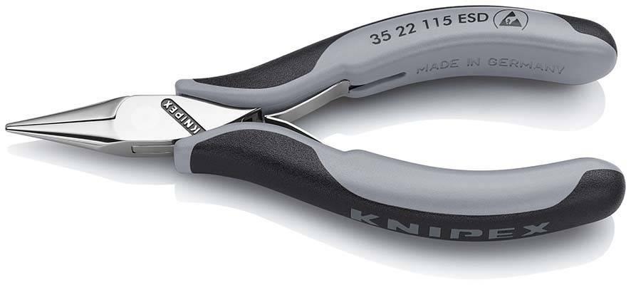 Eine Nahaufnahme von Knipex-Spitzzangen mit schwarz-grauen Griffen und spitzen Backen, gezeigt auf weißem Hintergrund.