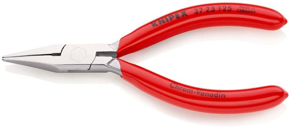 Rot-griffe Knipex-Spitzzange mit langen, spitzen Backen auf weißem Hintergrund.