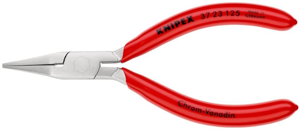 Ein Paar Zangen mit roten Griffen, auf denen der Markenname 'Knipex' gedruckt ist, mit Metallzangen ausgestattet, die üblicherweise zum Greifen verwendet werden.