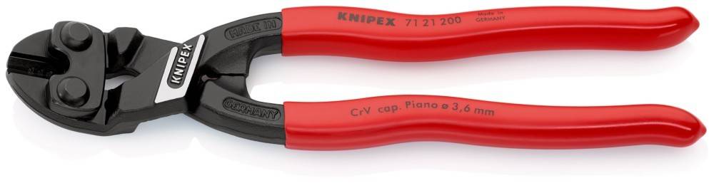 Nahaufnahme eines rot-griffigen Werkzeugs mit der Markenbezeichnung ‚KNIPEX' und Spezifikationen, die auf dem Griff geschrieben sind und einen Teil des Werkzeuggriffdesigns zeigen.