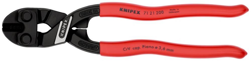 Rote Zange mit dem Markennamen 'Knipex' und der Modellnummer '71 21 200', die auf dem Griff aufgedruckt ist und darauf hinweist, dass es sich um ein Schneidwerkzeug handelt.