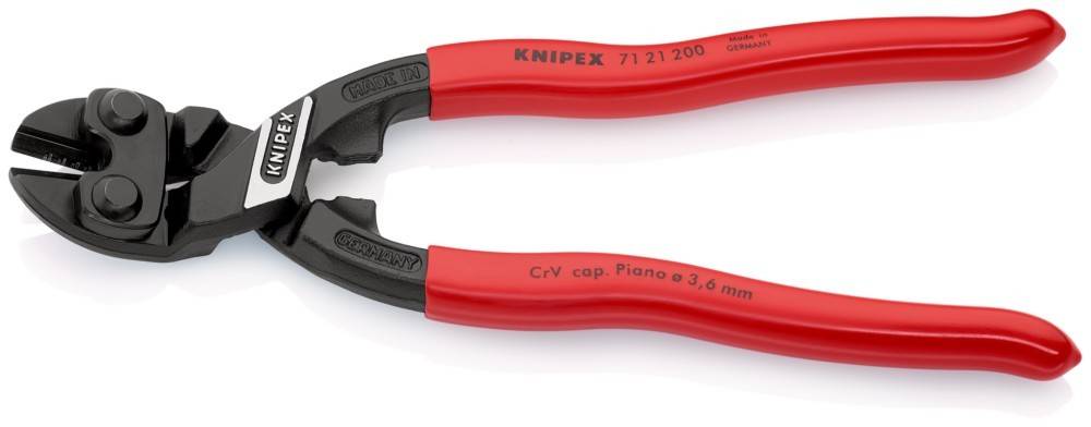 Rote und schwarze Zangen mit der Markenaufschrift 'Knipex'. Beschriftet mit 'CrV cap. Piano ⌀ 3.6 mm', was die Spezifikationen für das Schneiden von Klavierdraht angibt.