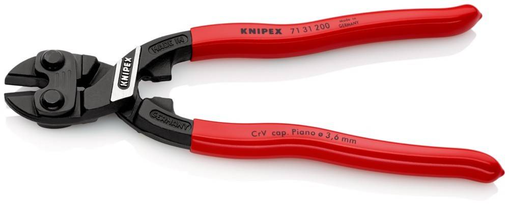 Rote Knipex-Zangen mit schwarzen Griffen. Markierungen zeigen 'CrV cap. Piano ø 3,6 mm' und 'Made in Germany'.