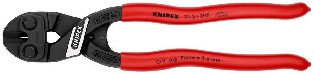 Rot-handhabtes Schneidwerkzeug mit Beschriftung 'Knipex 71 31 200' und 'CrV cap. Piano', das einen Teil des Griffes und den oberen Abschnitt der Klingen zeigt.