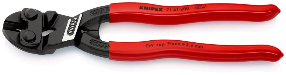 Rot-griffiges Werkzeug mit schwarzen Enden, beschriftet mit 'Knipex 7141' und 'CrV cap. Piano'.