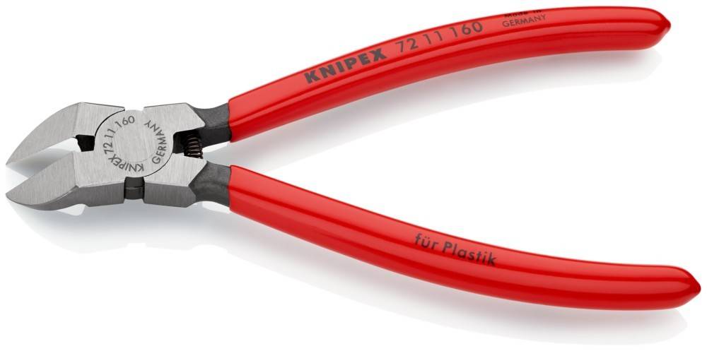 Rot-handgriffige Knipex-Zange für Kunststoff, die die Marke und Modellnummer '72 11 160' zeigt. Fokussiert auf die präzisen Greifzangen.