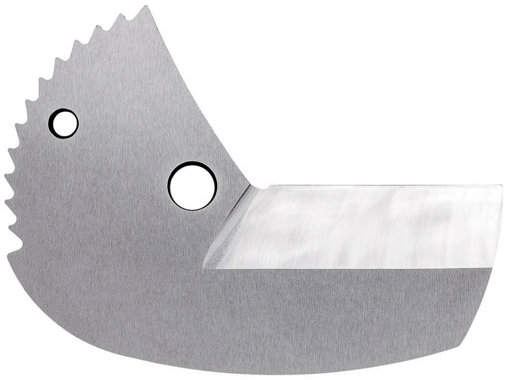 Eine Nahaufnahme einer gezahnten Metallklinge mit zwei kreisrunden Ausschnitten zur Befestigung, die Teil eines Küchengeräts oder -werkzeugs ist.