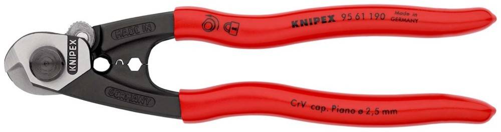 KNIPEX Seitenschneider mit roten Griffen, Seitenansicht auf weißem Hintergrund.