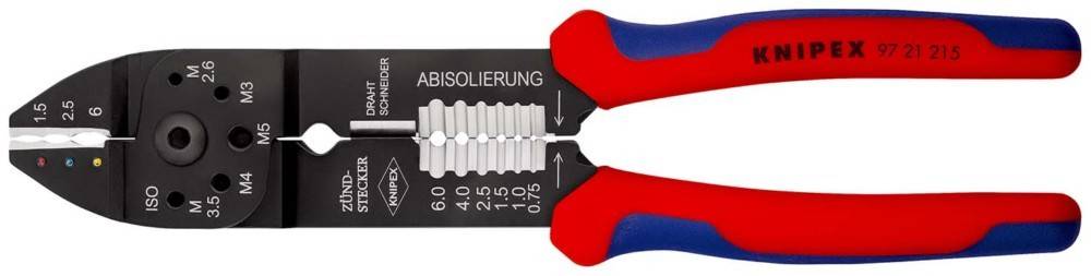 Nahaufnahme von Knipex-Abisolierzangen mit roten und blauen Griffen und gekennzeichneten Skalierungsmarkierungen zum Abisolieren von Isolierung.