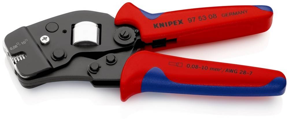 Eine Crimpzange mit roten und blauen Griffen, gekennzeichnet mit 'Knipex 97 53', verwendet für das Crimpen von Drähten und Kabeln.