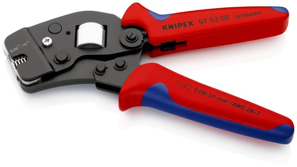 Rote und blaue Zangen mit der Aufschrift 'Knipex 97 53 08', die eine Nahaufnahme des Greif- und Schneiddmechanismus zeigen. Verwendet für elektrische Arbeiten.