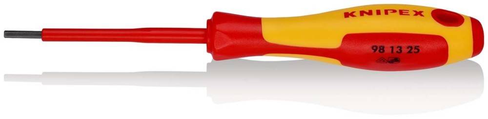 Roter und gelber Knipex Schraubendreher mit langem Metallschaft, gezeigt auf weißem Hintergrund.