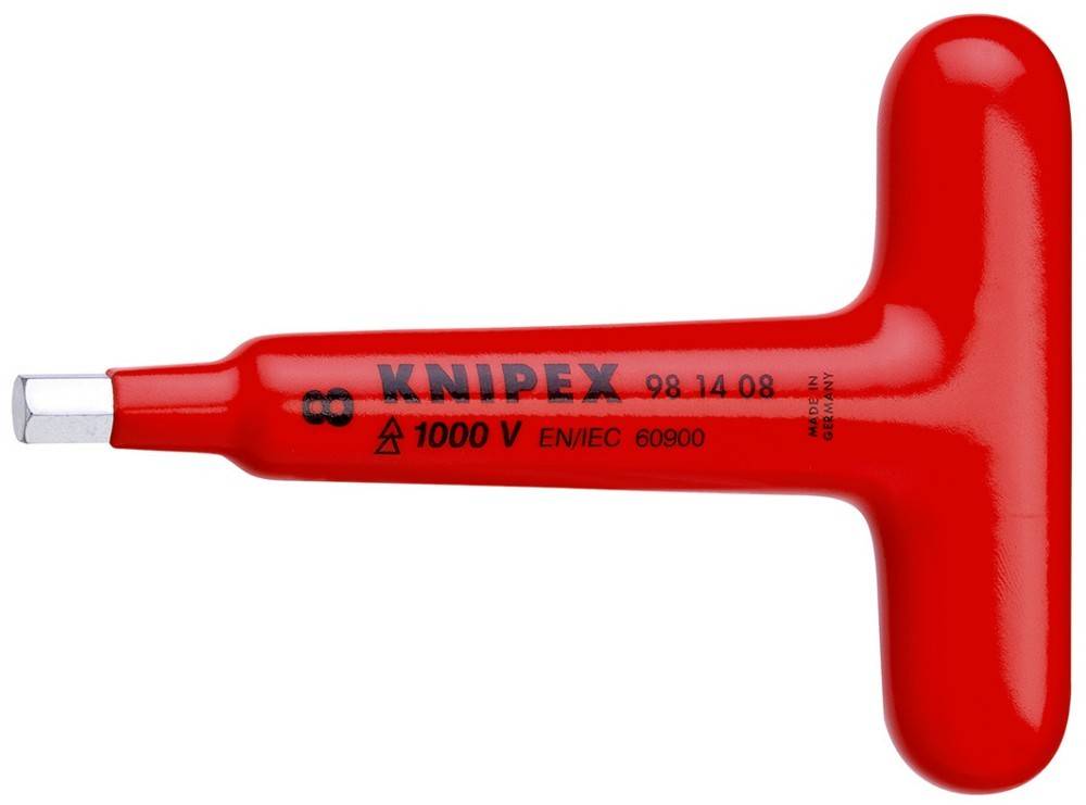 Roter isolierter Werkzeuggriff, gekennzeichnet mit 'Knipex 98 14 08' und '1000V EN/IEC 60900', der die Eignung für elektrische Arbeiten bis zu 1000 Volt anzeigt.