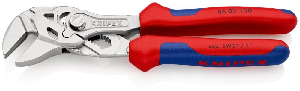 Rote und blaue Zangen mit 'PEX' in den Metallgriff graviert, die gezahnte Backen zum Greifen aufweisen.
