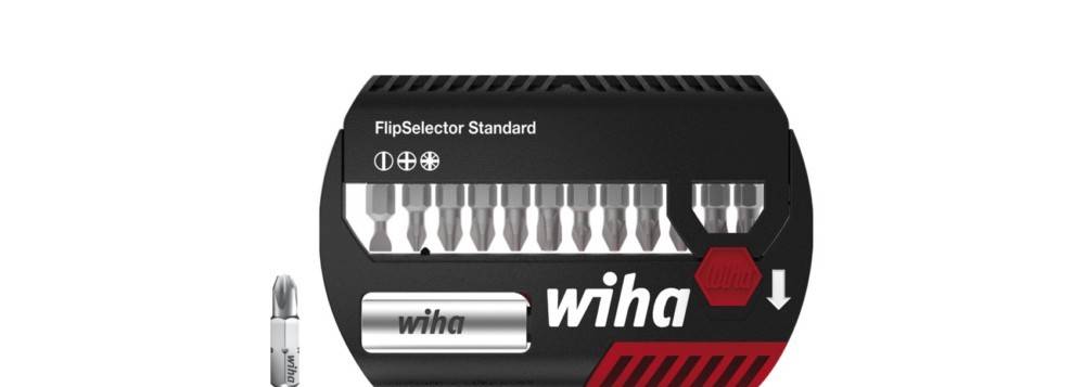 Wiha FlipSelector Standard Schraubendreher-Bit-Koffer mit mehreren sichtbaren Bits und einem Magnethalter, auf weißem Hintergrund dargestellt.