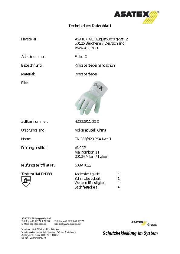 Handschuhe Falke-C Gr.11 naturfarben Rindspaltleder EN 388 PSA II ASATEX