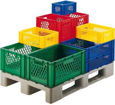 Transport-Stapelkasten B600xT400xH270 mm grau, Wände durchbrochen mit Griffloch