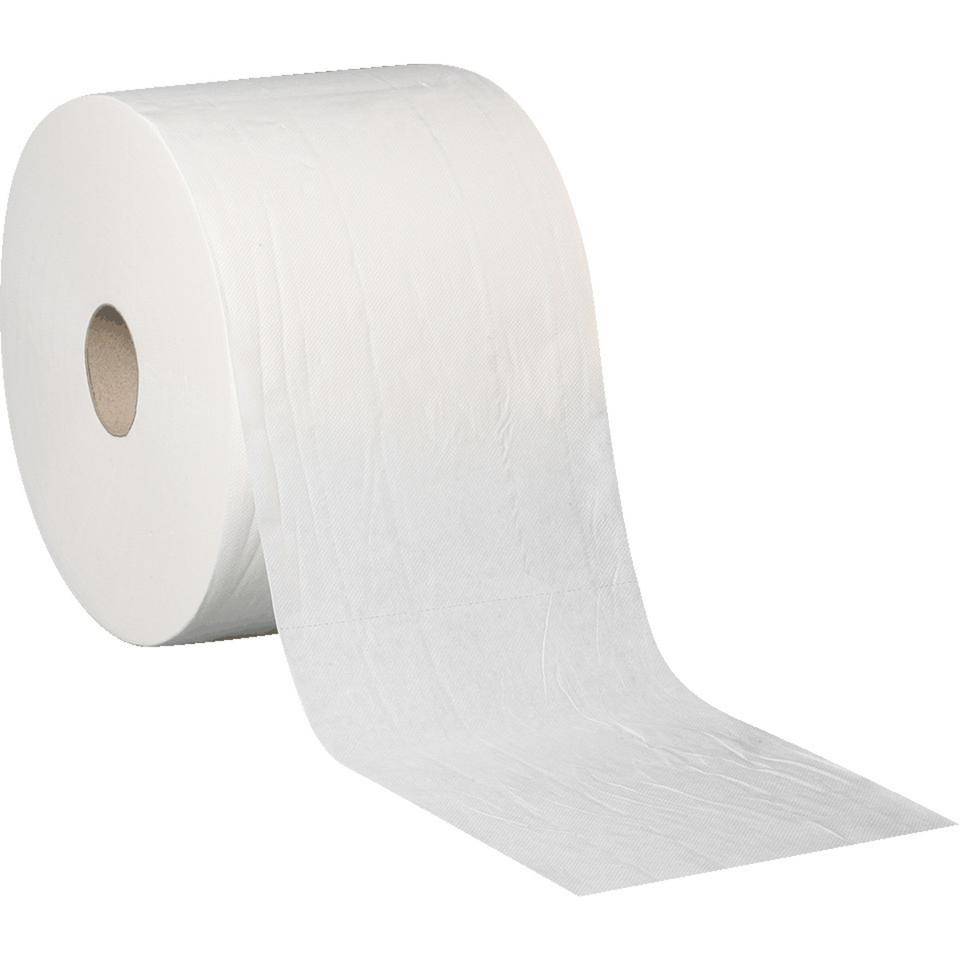 Eine große weiße Toilettenpapierrolle mit einem einzelnen Blatt, das abgerollt ist und gegen einen weißen Hintergrund herunterhängt.