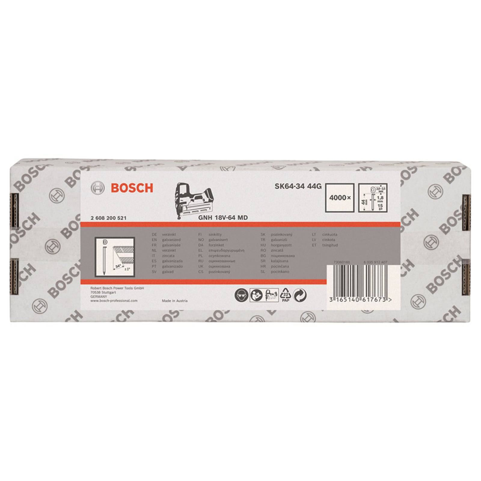 Bosch Nagelverpackung, 4000 Nägel, kompatibel mit Modell GNH 18V-64 MD. Enthält Details zu Größe und Werkzeugkompatibilität.