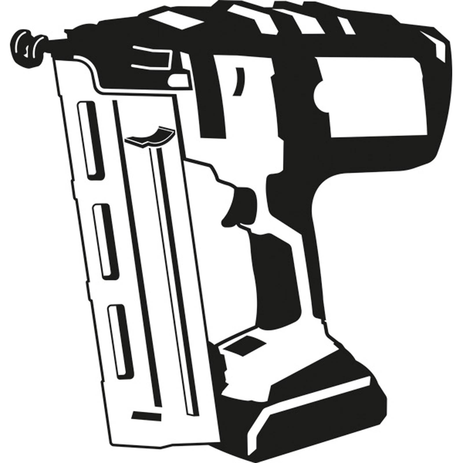 „Silhouette einer drahtlosen Nagelschussmaschine, die nach links gerichtet ist und ihre charakteristische Form und ihren Griff zeigt.