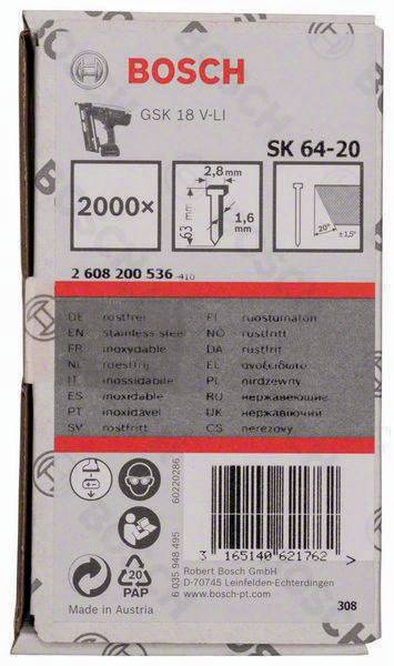 Senkkopfstift SK64-20 NR LxBxD 63x2,8x1,35mm Edelstahl Drahtmaß 1,6mm 2000erPack