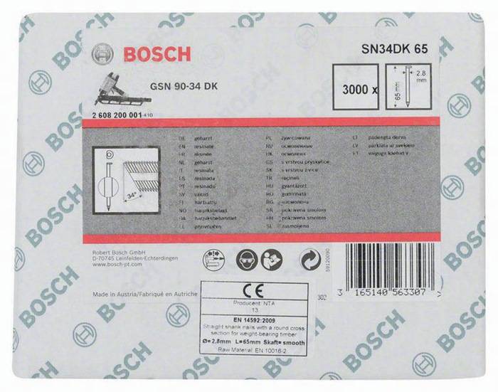 Streifennagel SN34DK 65 3000-tlg.Schaft-D.2,8mm L.65mm D-Kopf blank glatt Bosch