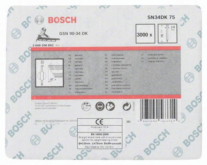 Streifennagel SN34DK 75 3000-tlg.Schaft-D.2,8mm L.75mm D-Kopf blank glatt Bosch