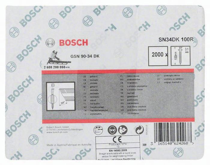 Streifennagel SN34DK 2000-tlg.Schaft-D.3,1mm L.100mm D-Kopf blank gerillt Bosch