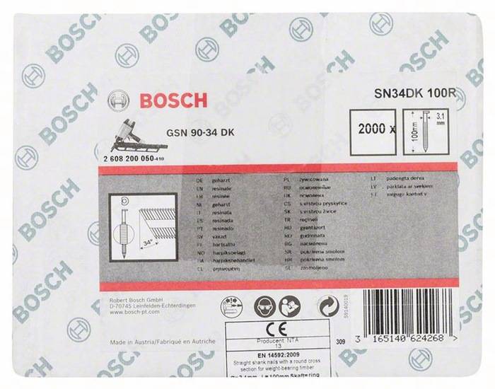 Streifennagel SN34DK 2000-tlg.Schaft-D.3,1mm L.100mm D-Kopf blank gerillt Bosch