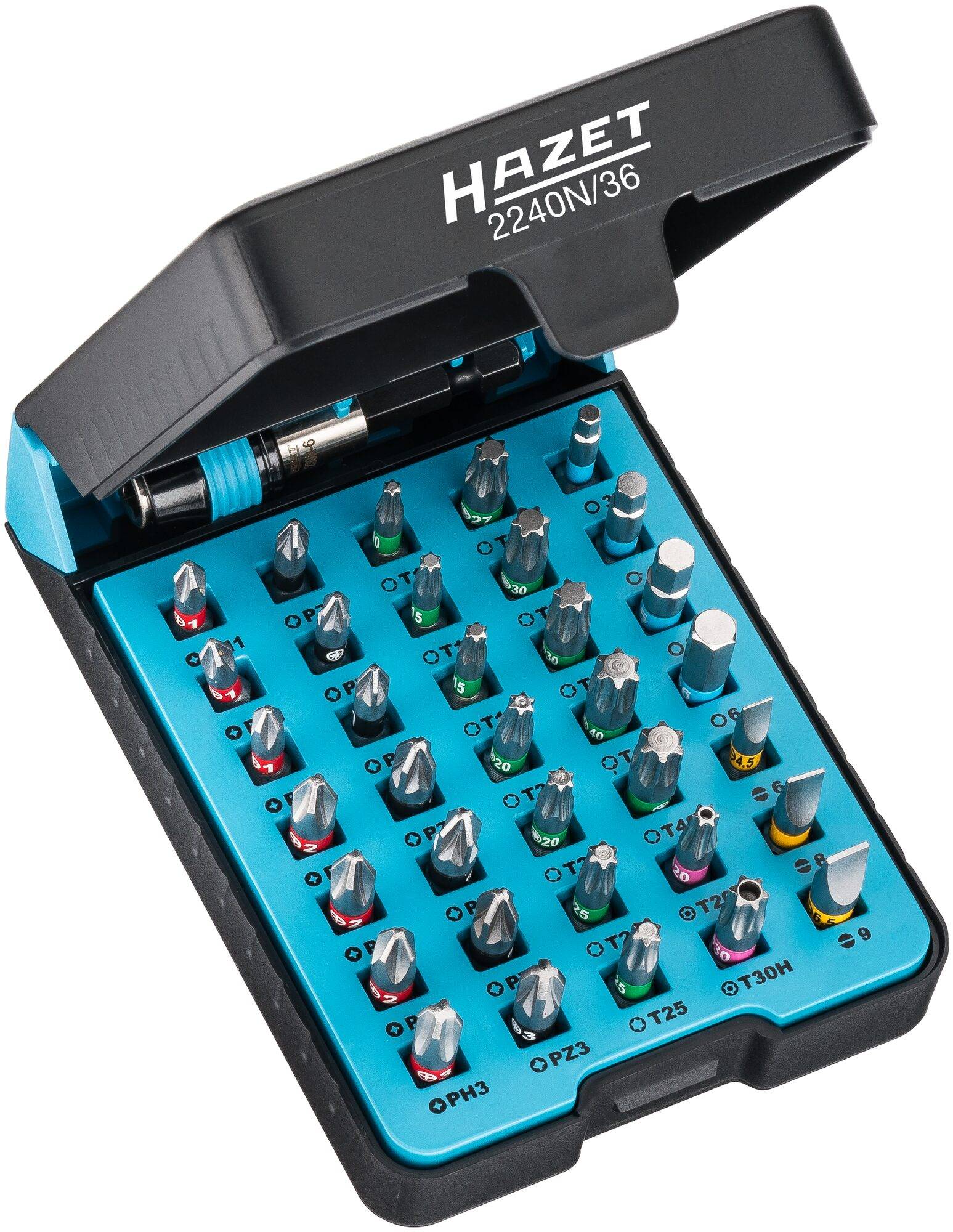 HAZET Bit Satz 2240N/36 ∙ Pozidriv Profil PZ, Sechskant hohl 6,3 (1/4 Zoll), Kreuzschlitz Profil PH, Tamper Resistant TO