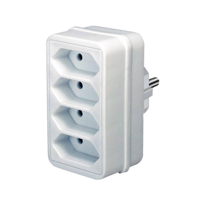 Weißer Vier-Steckdosen-Stecker-Adapter mit einem einzelnen Stecker auf der Seite, gezeigt auf schlicht weißem Hintergrund.