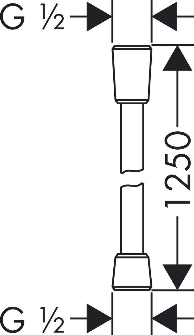 Technisches Schaubild eines G 1/2 Anschlusses, das seine Vertikallänge von 1250 und Verbindungspunkte oben und unten zeigt.