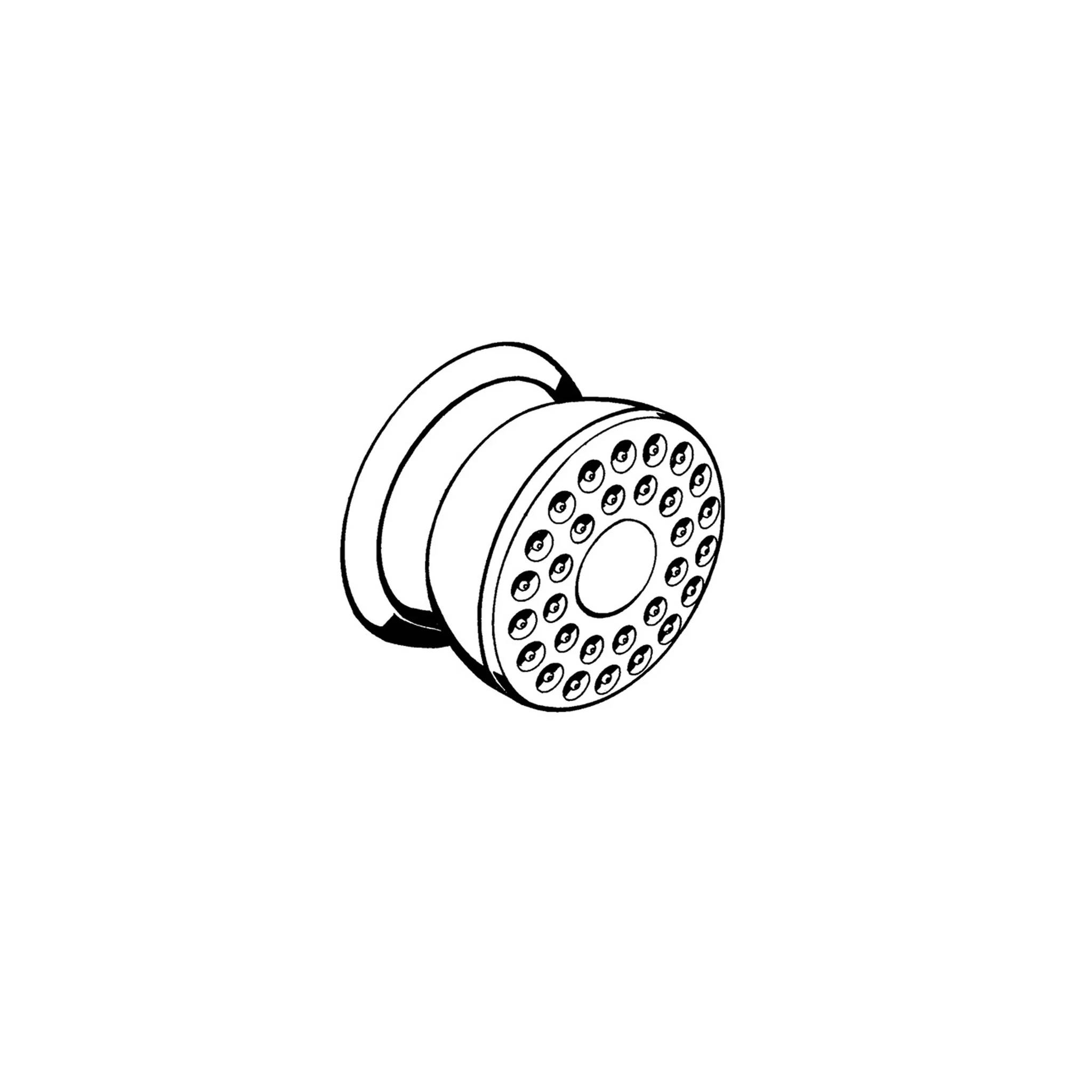 Schwarz-Weiß-Illustration eines runden Duschkopfes oder Rotationsdüse mit vielen kleinen Spritzlöchern, dargestellt in Perspektive.